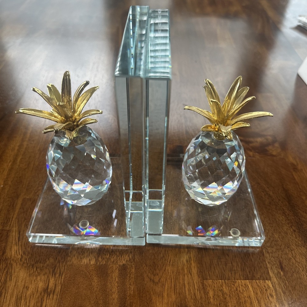 Vtg Benzara Glass Made Crystal Pineapple Bookends Gold & Clear SALE!!
